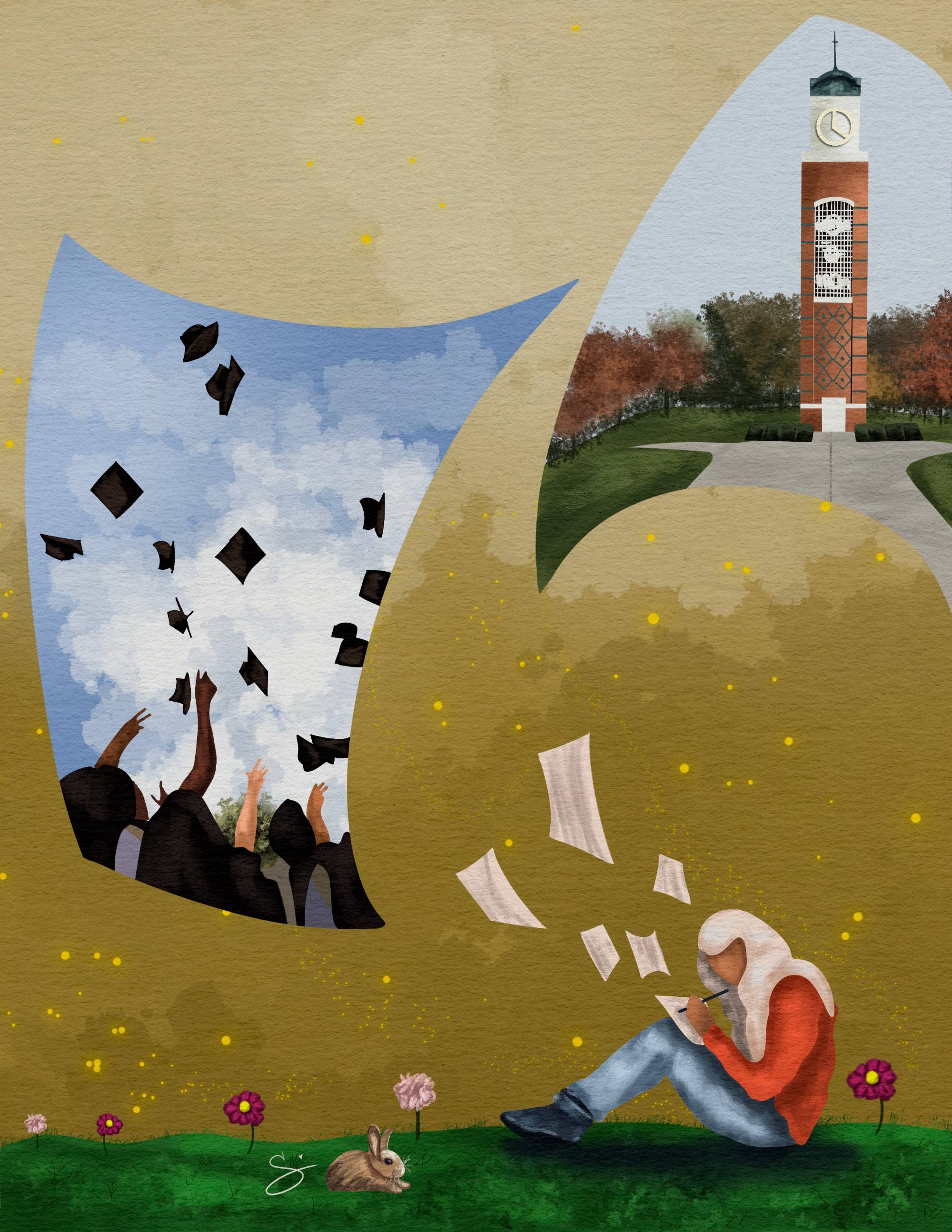 Art piece with student drawing photos of graduation and the allendale campus bell tower